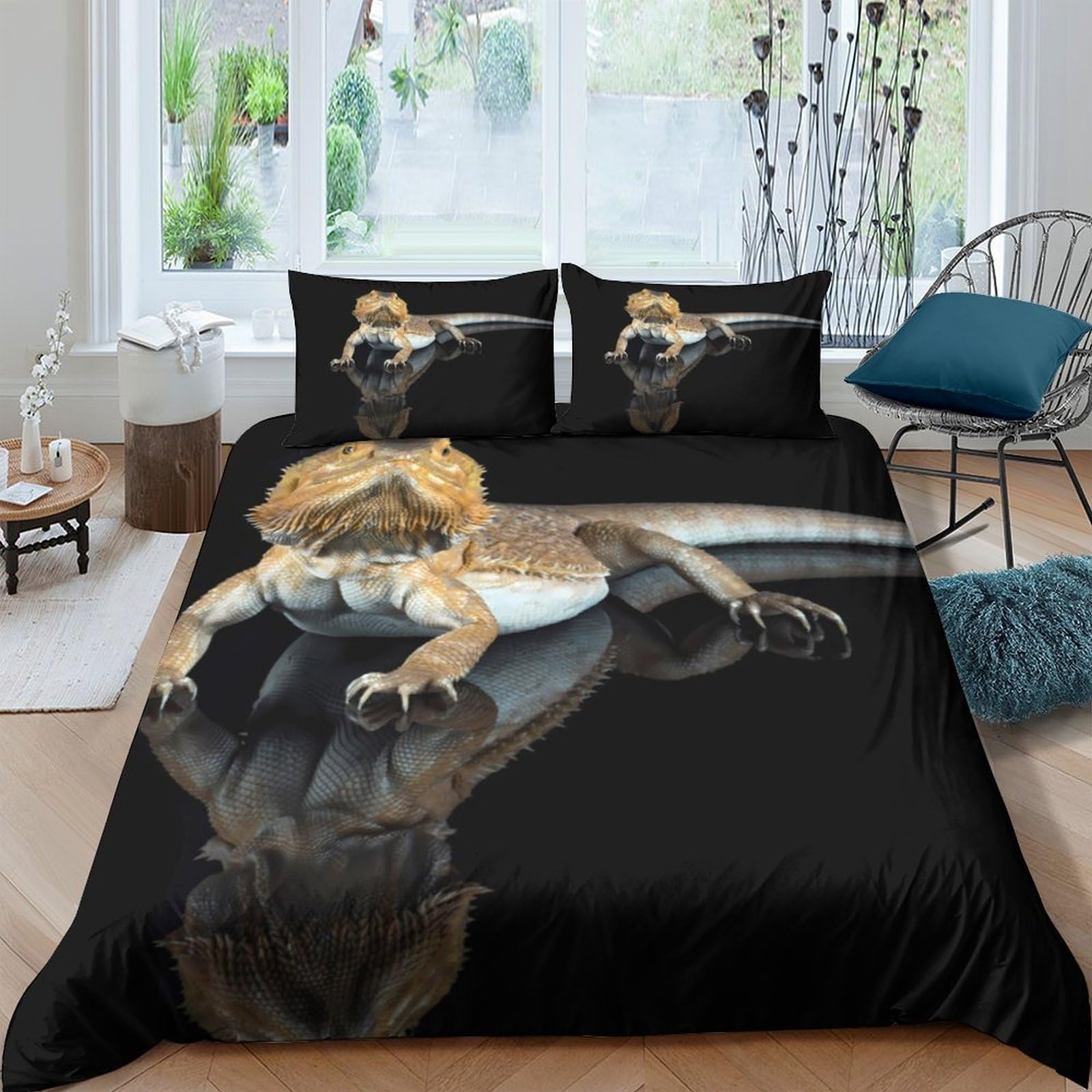 P5V6M1Q9 3D Printed Bearded Dragon Reflection Duvet Cover Microfiber Soft Breathable Lizard Bedding Set with 2 Pillowcases for Bedroom Decor Single（135x200cm）