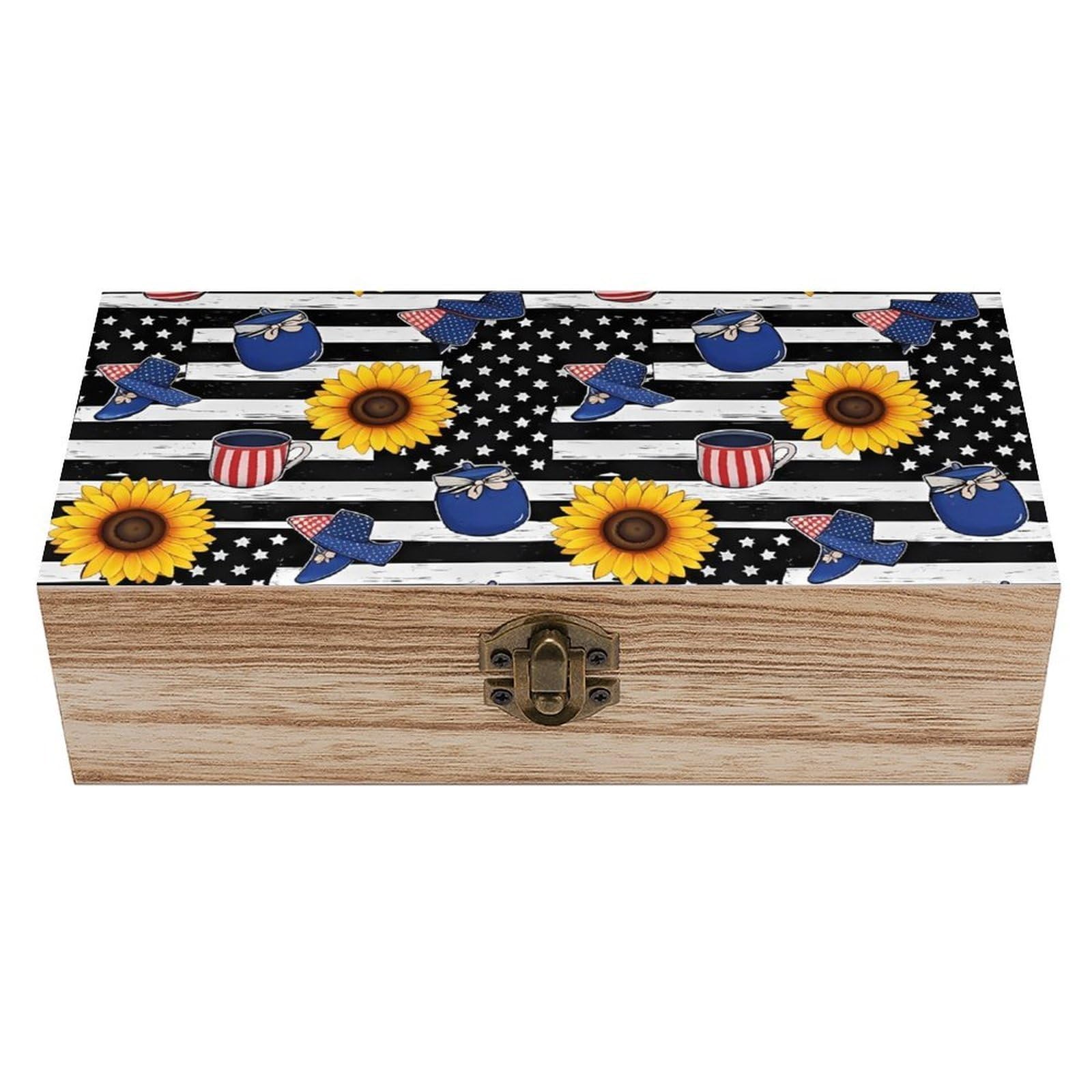 HLBSDM American Flag Sunflower Art Wooden Storage Box