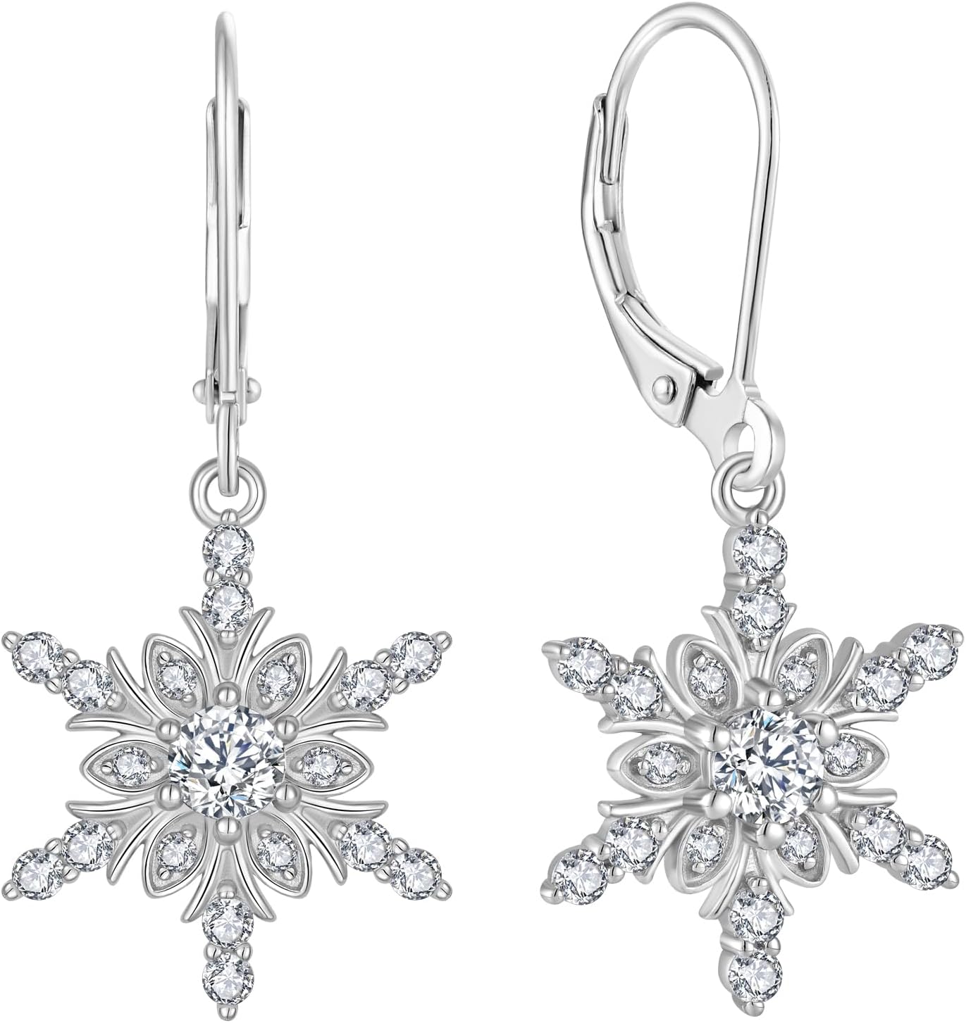 Snowflake Drop Dangle Earrings 925 Sterling Silver Winter Leverback Earrings 5A Cubic Zirconia Jewelry for Women