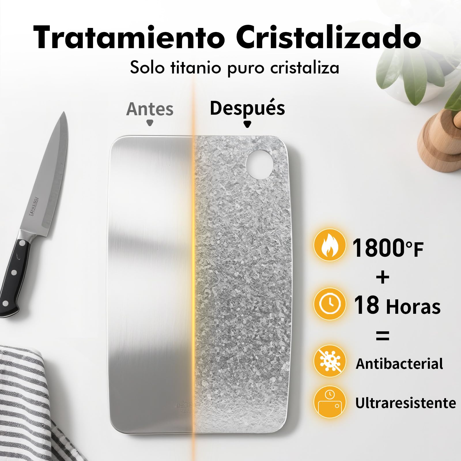 Tabla de cortar de titanio puro 100%, 40 x 28 cm | Tabla doble cara para carne y verduras, sin BPA, lavavajillas, ligera, compacta y fácil de limpiar