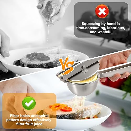 Miniatura 5 de Exprimidor de limón de acero inoxidable, exprimidor manual de prensa manual con mango ergonómico, prensa de ajo, extractor de frutas a prueba de