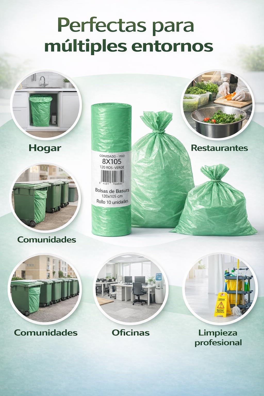 Bolsas de Basura Verdes 120L (85x105 cm) – Rollo de 10 Bolsas Resistentes | Bolsas Industriales para Contenedor Grande | Uso Doméstico y Profesional | Pack de 15, 30 o 60 Rollos (30)