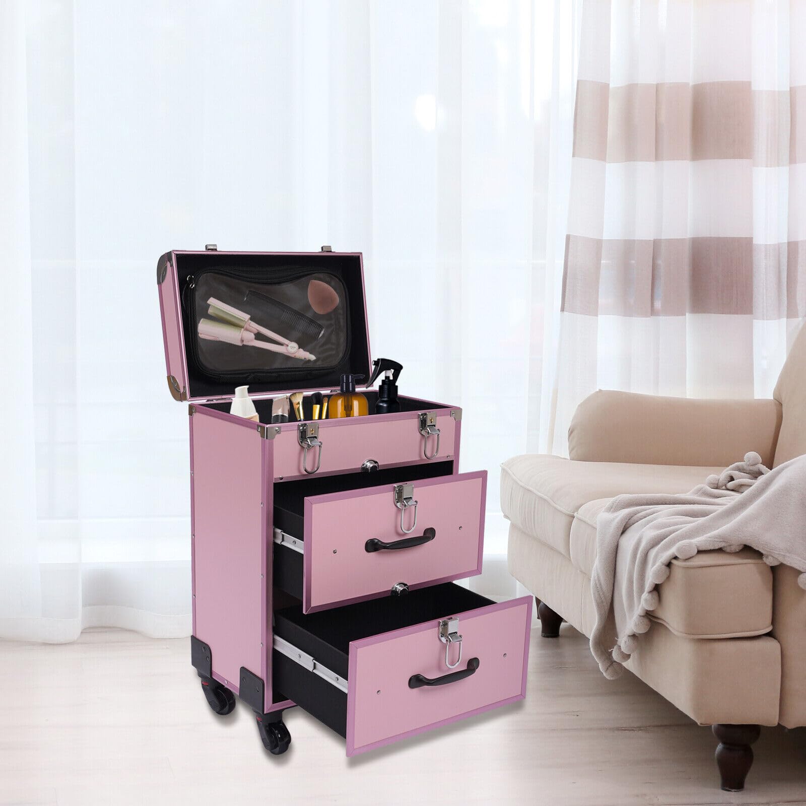 Toeletta da trucco, grande trolley cosmetico con serrature, trousse con divisori, organizer per cosmetici da viaggio, rosa., Tavolo da toeletta Rollender