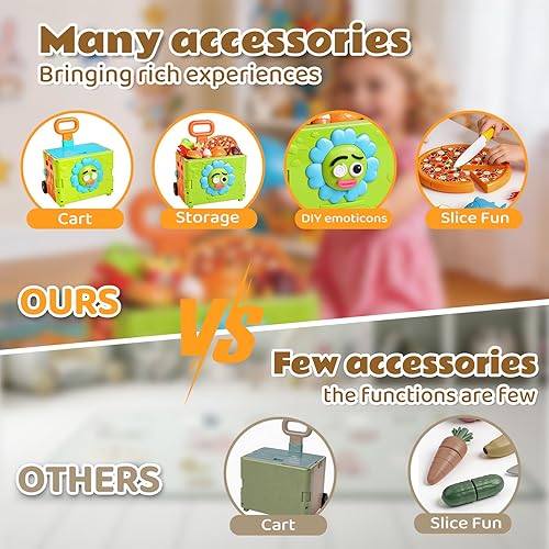Miniatura 7 de Juego de comida de juego de simulación para niños, juego de cocina - 45 juguetes de corte 3 en 1 para niños con carrito de almacenamiento plegable
