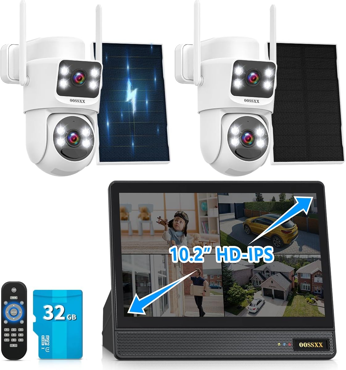 OOSSXX (Wire Free Dual Lens Solar Outdoor Wireless Security Camera System Battery Video Surveillance WiFi Cameras Systems