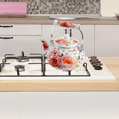 Miniatura 9 de DEAYOU Tetera esmaltada de 2.6 cuartos de galón, tetera grande esmaltada de porcelana, tetera vintage de 2.5 litros con mango frío de cerámica,