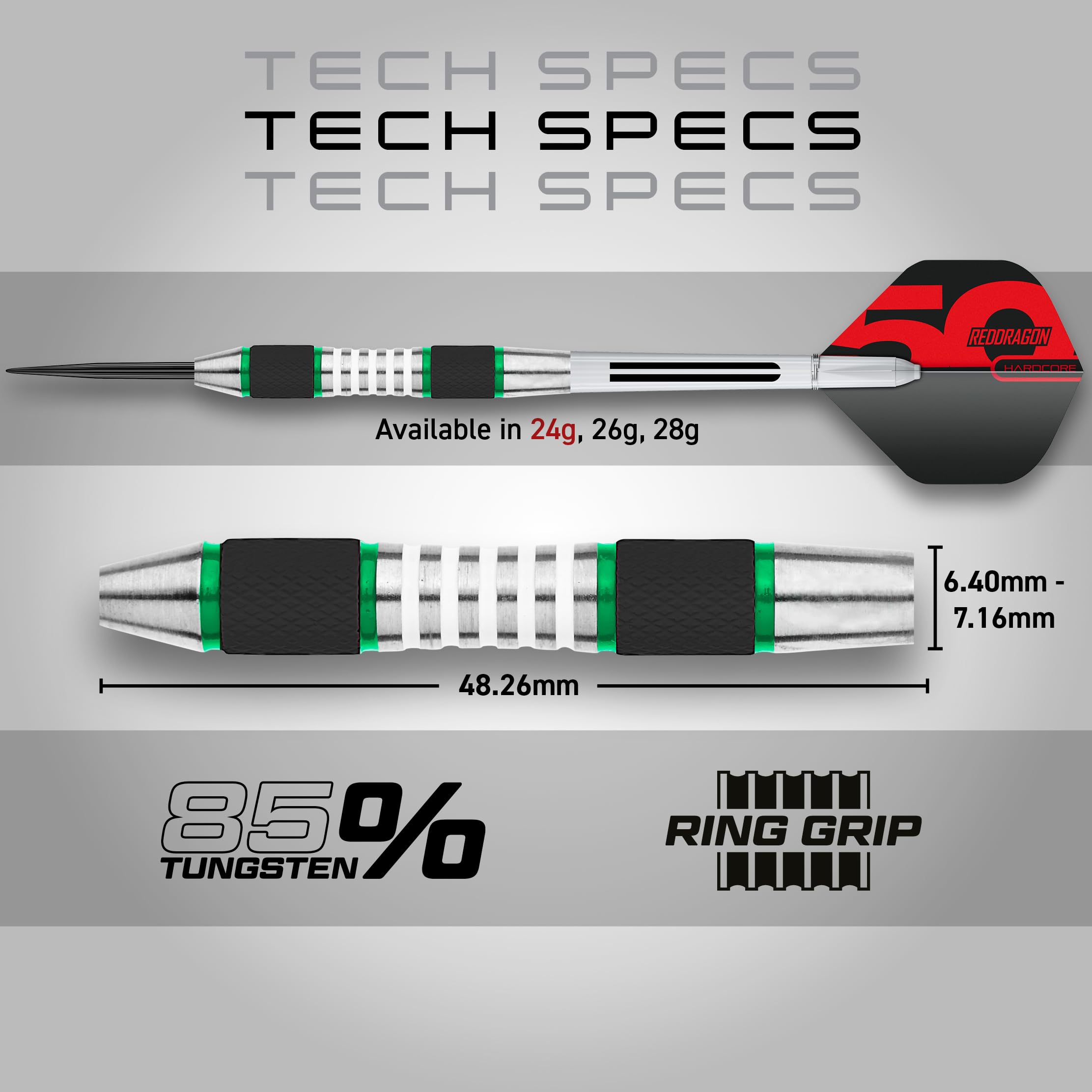 RED DRAGON Darts - Axis Set di Freccette in Acciaio Professionale da 24 Grammi in tungsteno Verde con Alette, aste e Portafoglio