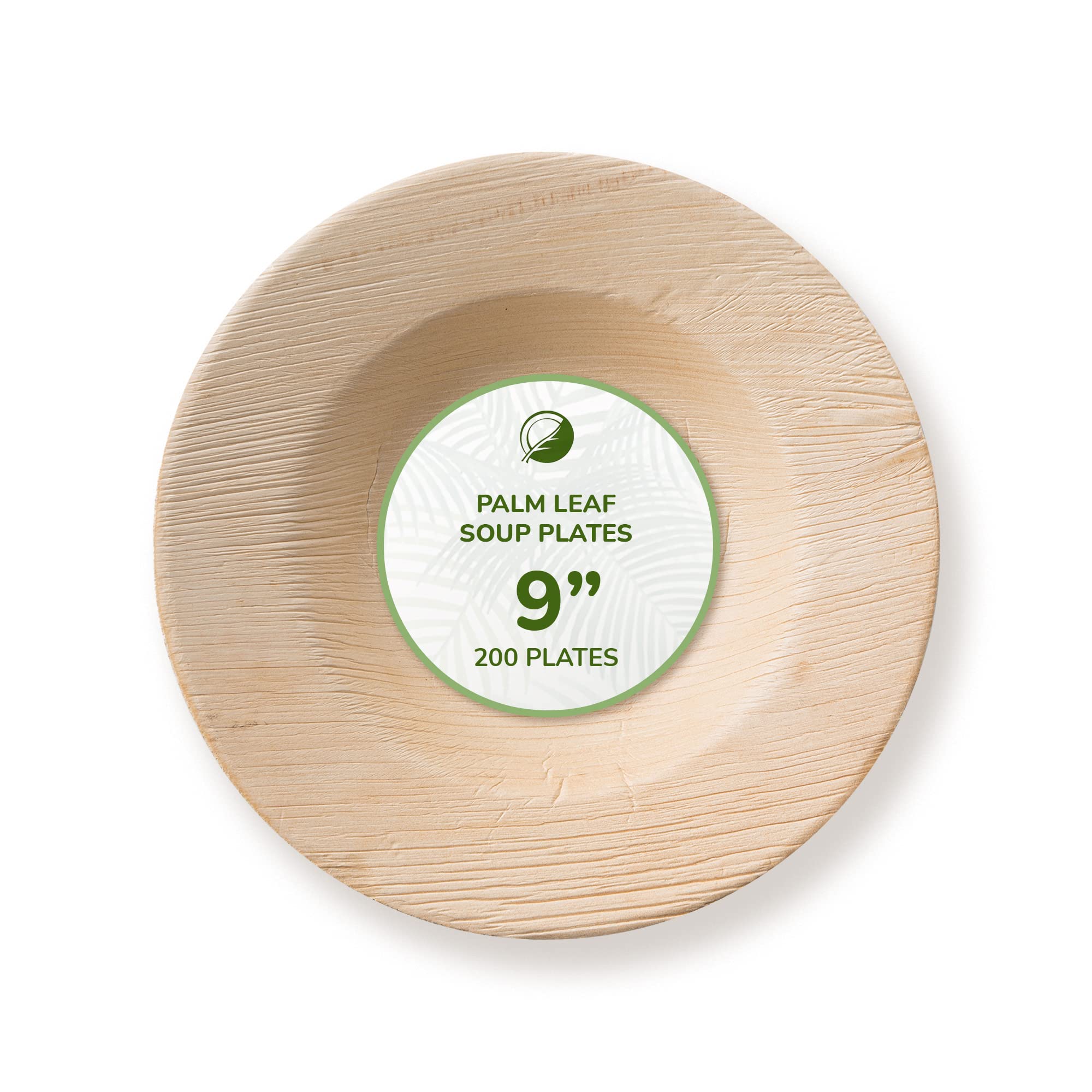 THE CLEAR CONSCIENCE TCC - Palm Leaf Soup Plates, 9" round, 200 pcs, Bamboo & Wood Style, Biodegradable, Single Use, Disposable, Usable for Hot Dishes, Professional Pack
