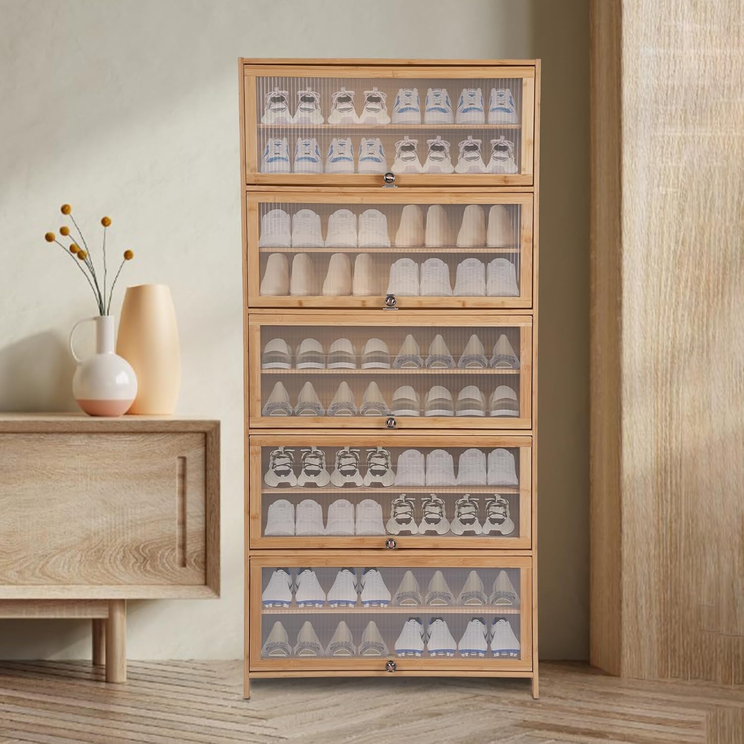 10 Tiers Shoe Rack, Bamboo Shoe Cabinet with Flip Doors Freestanding Shoe Shelf Storage Organizer for Closet, 40-45 Pairs Large Capacity Shoe Storage Cabinet for Closet, Hallway (Brown)