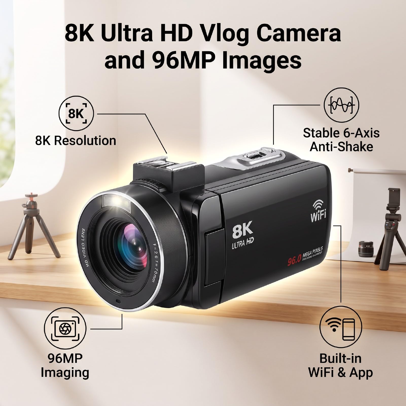 Elprico Caméra Vidéo 8K Caméscope Caméra Vlog WiFi 96MP avec Zoom 18X