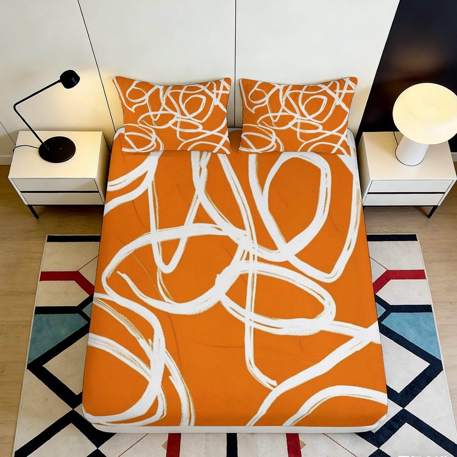 3D Printed Abstract Line Fitted Sheet Microfiber Deep Pocket Elastic Hem Abstract Mattress Fitted Cover Washable Home Bedding 140x200x25cm
