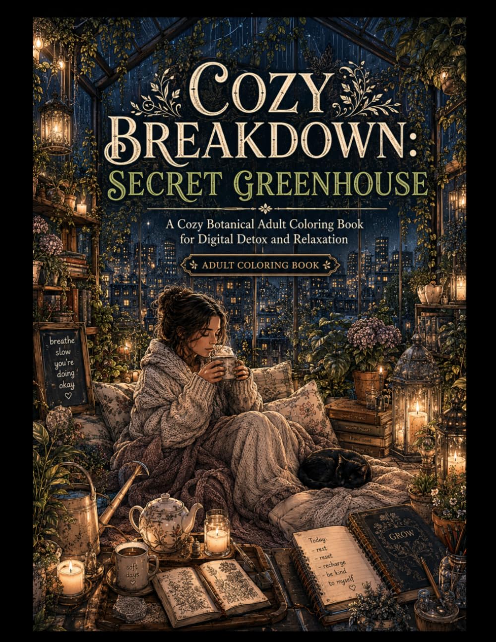 Cozy Breakdown: the Secret Greenhouse: A Cozy Botanical Adult Coloring Book for Digital Detox and Relaxation (Midnight Edition: Cozy & Dark Adult Coloring Books)