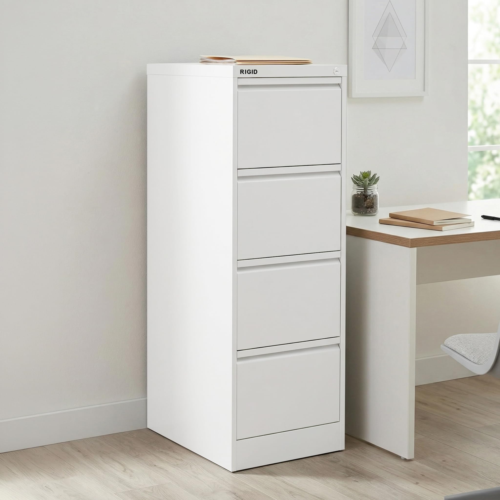 RIGID Vertical Steel Filing Cabinet with 4 Drawers for Legal Size | Large Metal Office Storage Organizer Cupboard | Durable Portable File Cabinet for Home & School (White) – Pre-Assembled