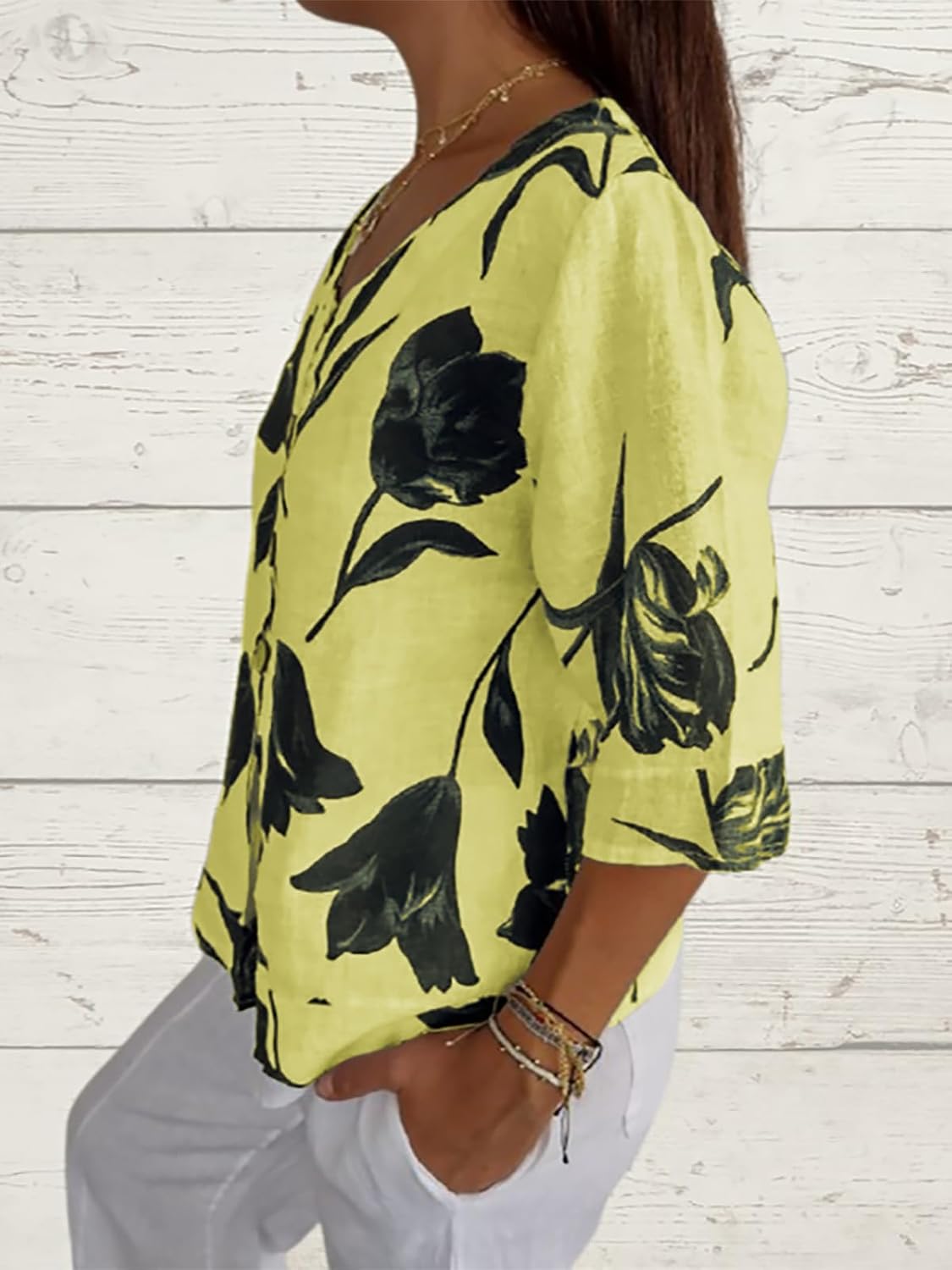Womens 3/4 Length Sleeve Tops Dressy Casual V Neck Boho Floral Print Summer Blouses Shirts - Image 4