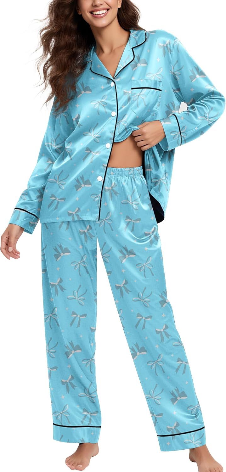 Women's Pajama Sets Silky Satin Cute Pjs 2 Piece Loungewear Soft Long Sleeve Button up Ladies Sleepwear S-XL