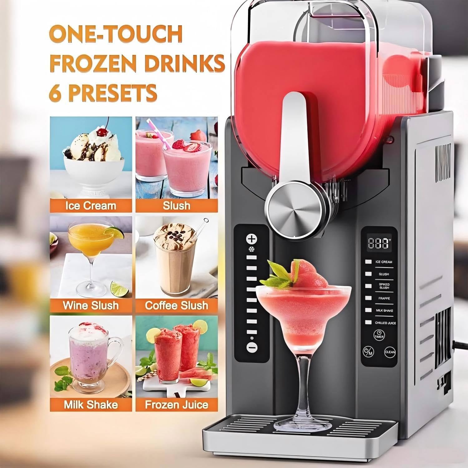 Maszyna do slushie o mocy 200 W, maszyna do slushie do użytku domowego, bez lodu, z wyświetlaczem LED, 1,6 l, rezerwacja jednym dotknięciem i 6 przystawek, 42,5 x 19,5 x 42 cm
