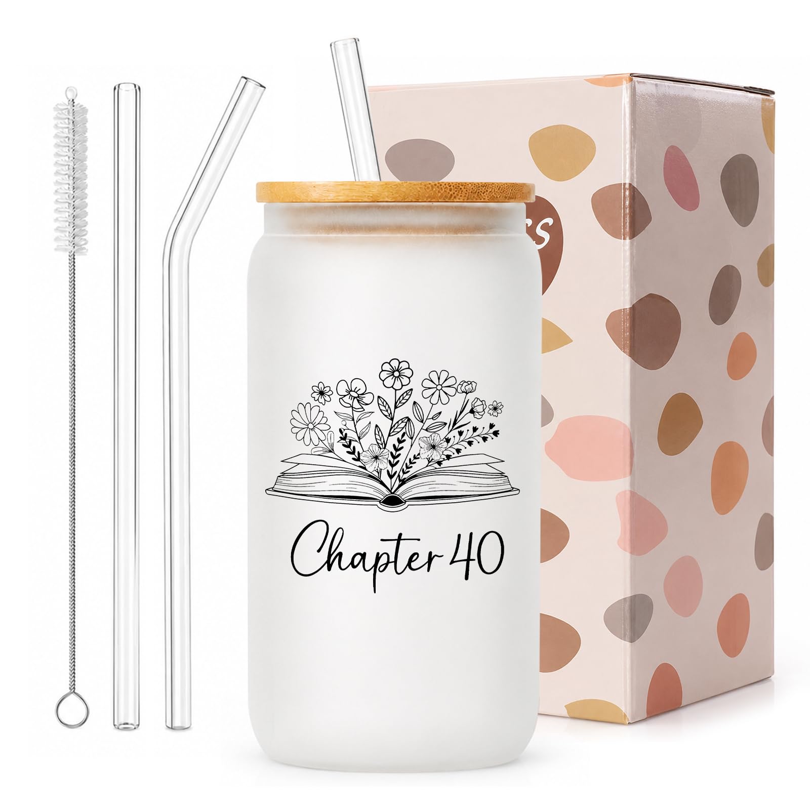 exylosluxek 40th Birthday Gifts for Women, Chapter 40 Themed Frosted Glass 40th Birthday Mug, with Straight & Curved Glass Straws, Cup Brush & Gift Box