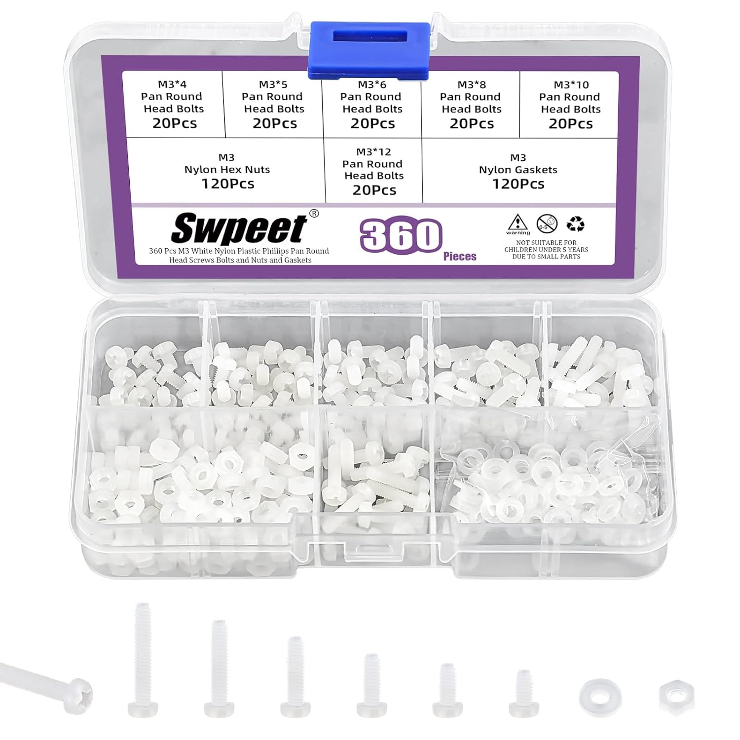 Swpeet 360Pcs 6 Sizes M3 White Nylon Pan Round Head Screws with Hex Nuts and Gaskets Assortment Kit, Nylon Phillips Cross Pan Round Head Screw, Nylon Plastic Machine Screws, Length 4/5/6/8/10/12mm