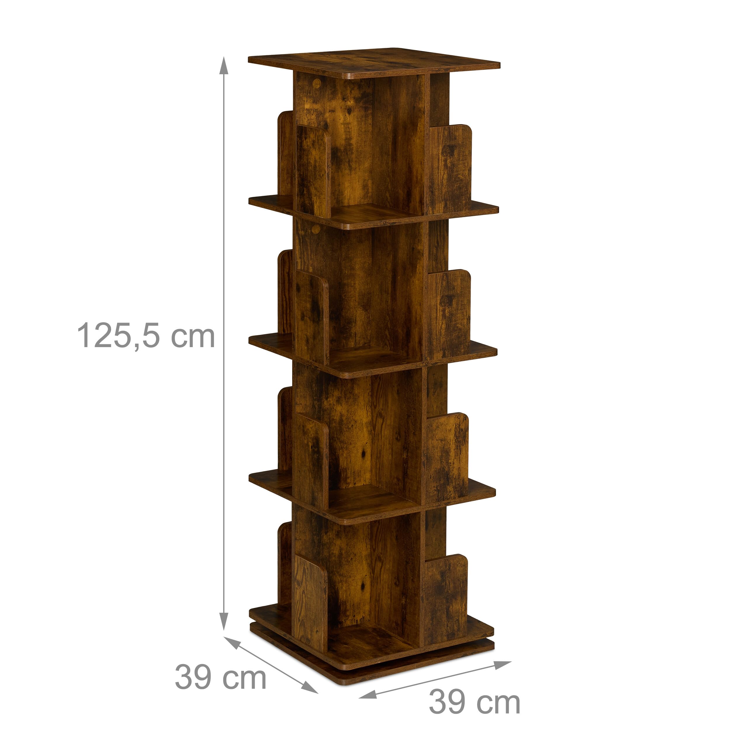 Relaxdays Libreria Girevole, 4 Ripiani 125,5x39x39 cm, Scaffale Industriale Porta Libri, CD, Dvd, Torre Rotante, Marrone