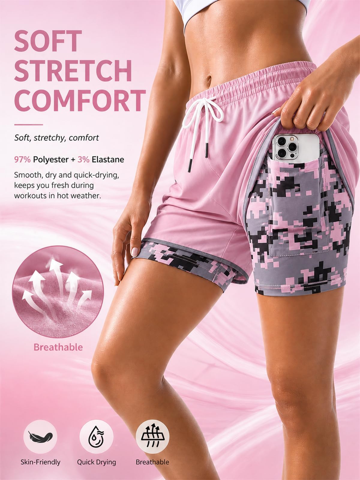 nnOuOnn 2-in-1-Laufshorts für Damen mit Taschen, athletische Fitness-Shorts mit Camouflage-Futter, leichte Sportbekleidung für Workout, Yoga, Wandern und Training