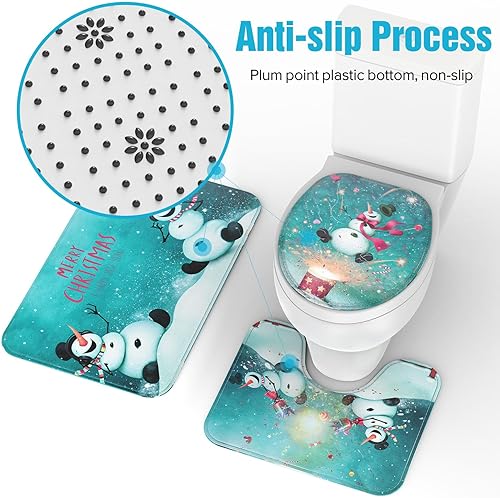 Miniatura 5 de Juego de 4 cortinas de ducha de Navidad para baño, 4 piezas, cortina de ducha impermeable con alfombras antideslizantes, cubierta para tapa de