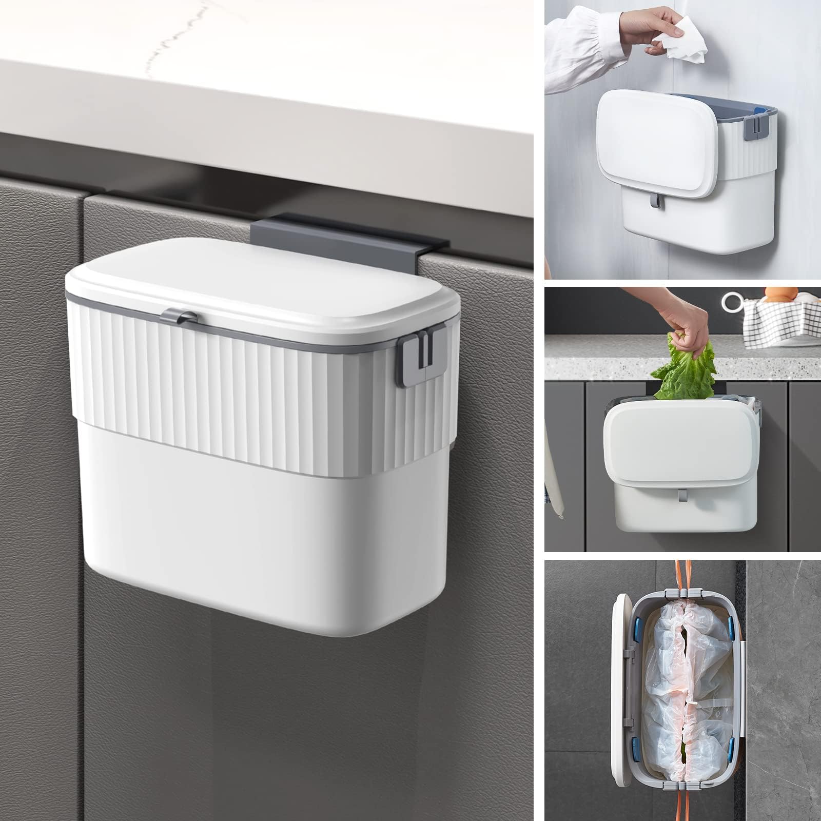 KASTWAVE Kitchen Trash Can, 1.8 Gallon Hanging Trash Can with Lid, 7 Liter Wall Mounted Garbage Can for Kitchen Cabinet Door, Small Under Sink Trash Can for Cupboard, Bathroom