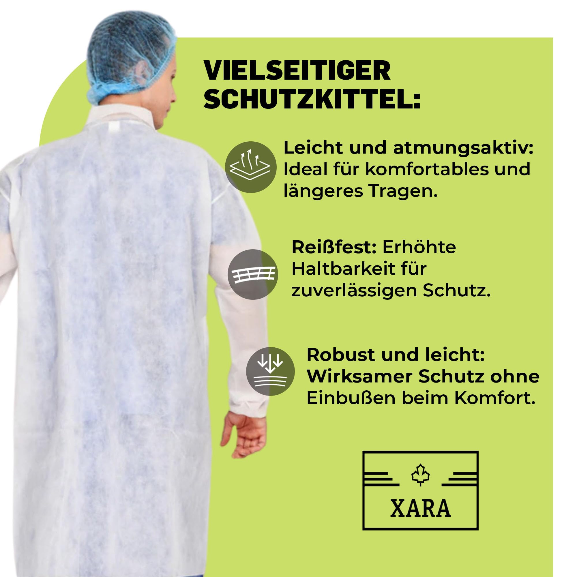 XARA Schutzkittel Einweg - Einweg-Schutzkittel – Einwegkittel – Einheitsgröße - Größe XL -112 x 138cm - TNT Polypropylen 35 gr - Einwegkittel mit Kontaktverschluss - Atmungsaktiv - 10 Stück