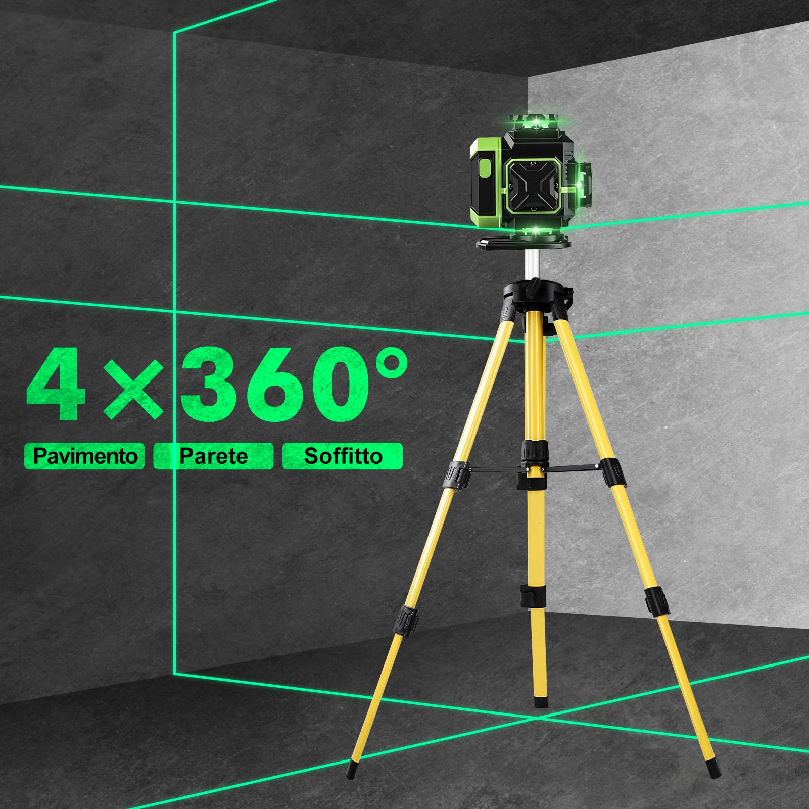 Livella Laser Autolivellante, 16 Lines 4 x360° Livella Laser Verde Potente con Treppiede Telescopico, 4D livella Laser a Linee Incrociate Dispositivo di Livellament, 3600mAh x 2 Batteria