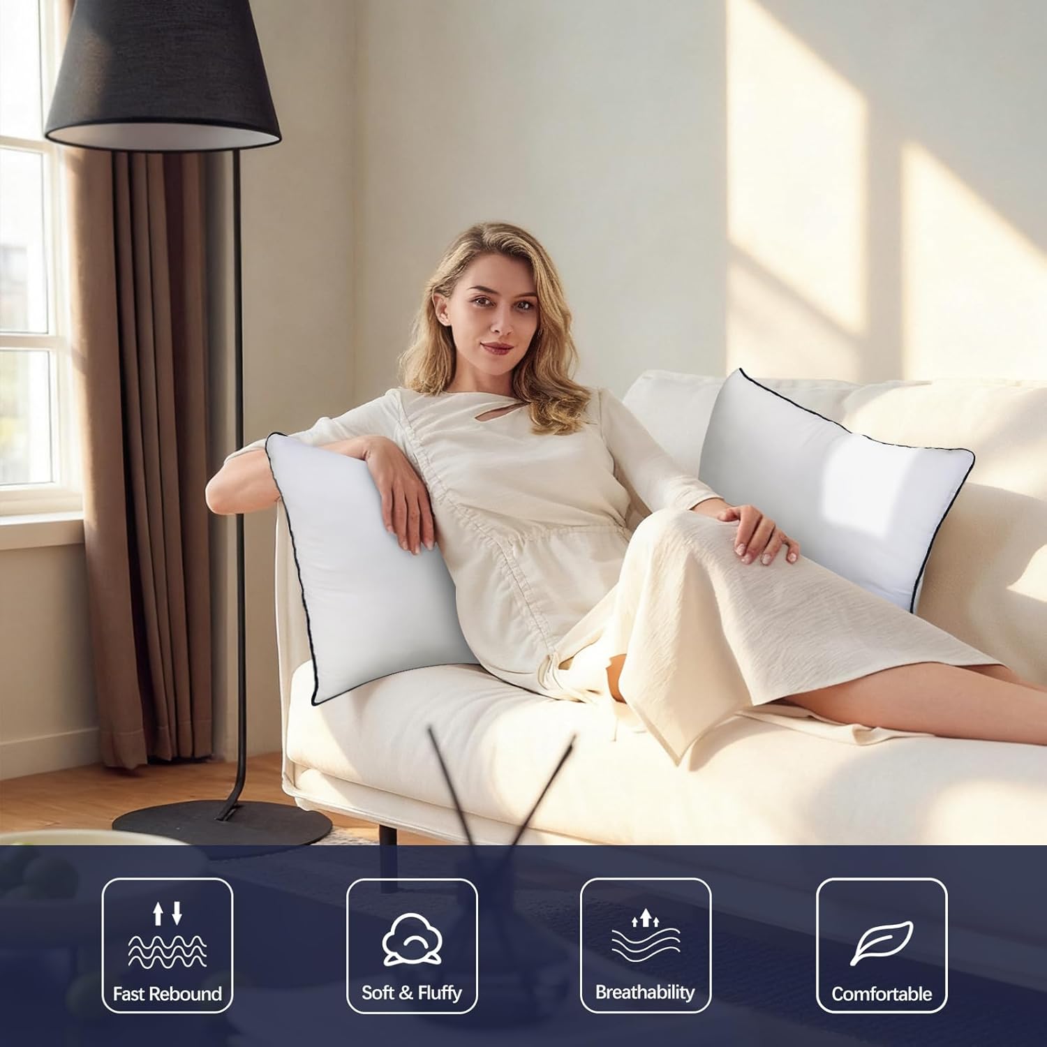 Throw Pillow Inserts Set of 2-Fluffy Square Cushions with 100% Cotton Covers-Decorative White Pillow Fillers for Sofa, Bed, Couch, Living Room, Indoor Hotel Pillows (16x16 Inch (Pack of 2)-Blue Edge) - Image 5