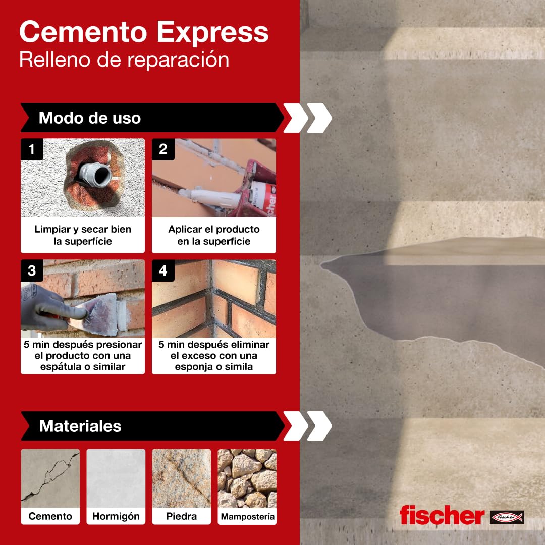 fischer - Cemento Express 310ml Gris Claro | Relleno de Reparación de Juntas | Uso Interior y Exterior | Aplicación Fácil con Pistola de Silicona | Resistente a la Lluvia, Multicolor, 310 ml