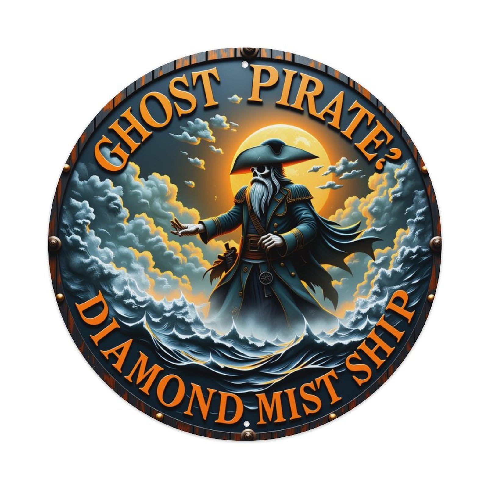 Ghost Pirate Diamond Mist Ship Round Tin Sign Vintage Style Metal Sign Home Bar Garden Wall Plaque Decor Metal Poster 8x8 Inch