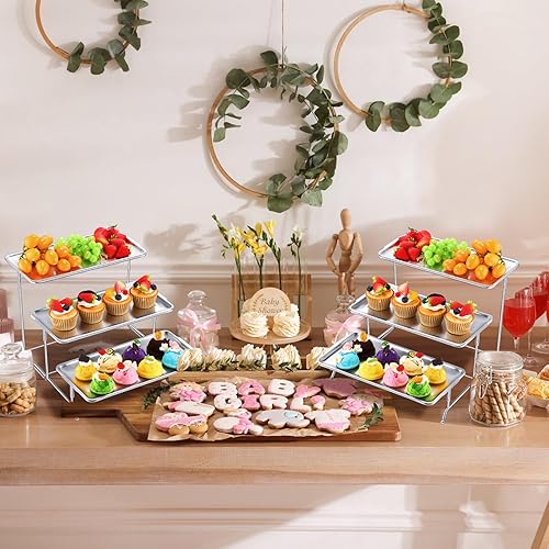 Miniatura 5 de Juego de 2 bandejas de 3 niveles para servir, platos de acero inoxidable, juego de platos rectangulares con soporte de metal para aperitivos,