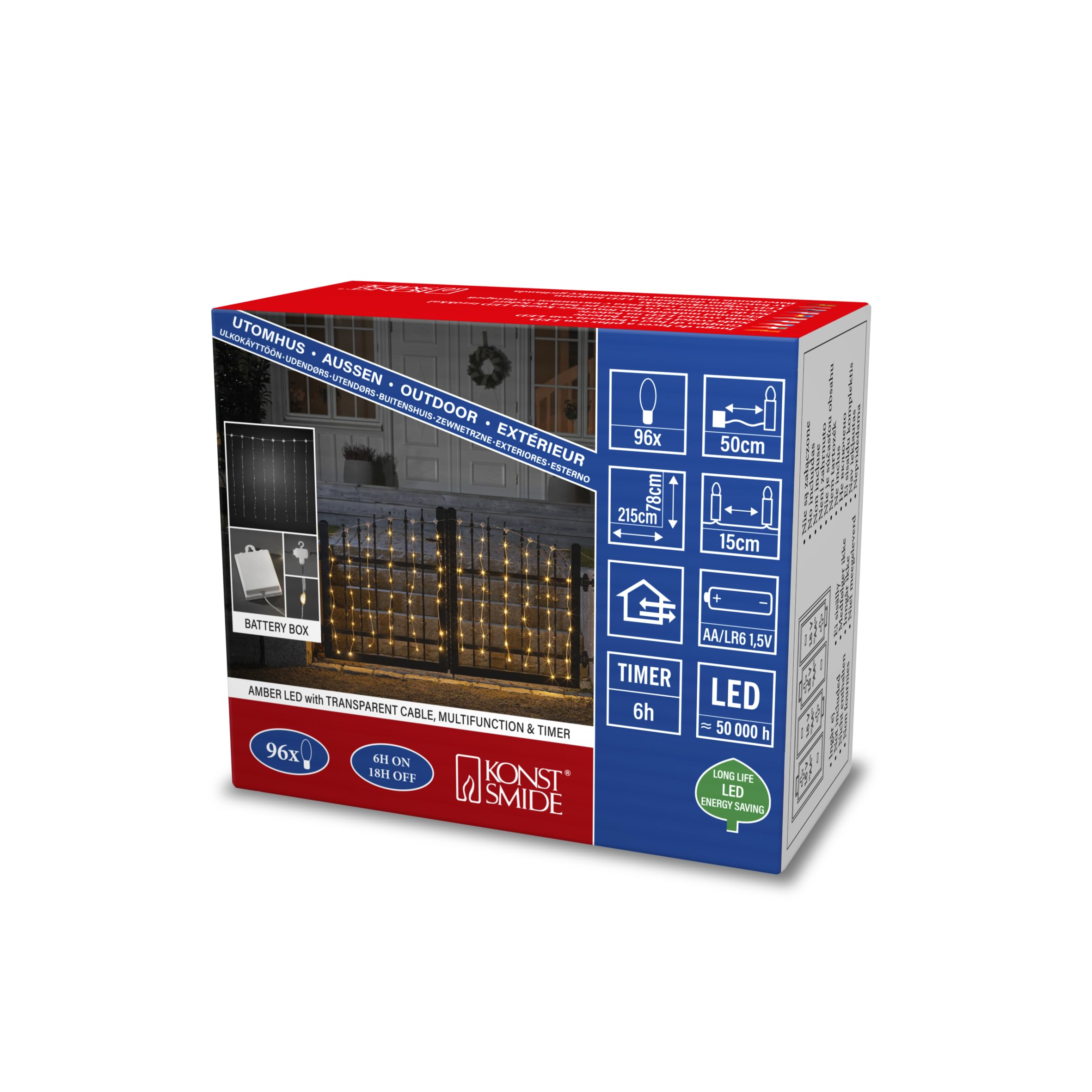 Konstsmide 3763-803 - Cortina de luces LED con temporizador de 6 h y multifunción, 96 diodos de color ámbar, funciona con pilas, exterior (IP44), cable transparente, 4 pilas AA de 1,5 V (no incluidas)
