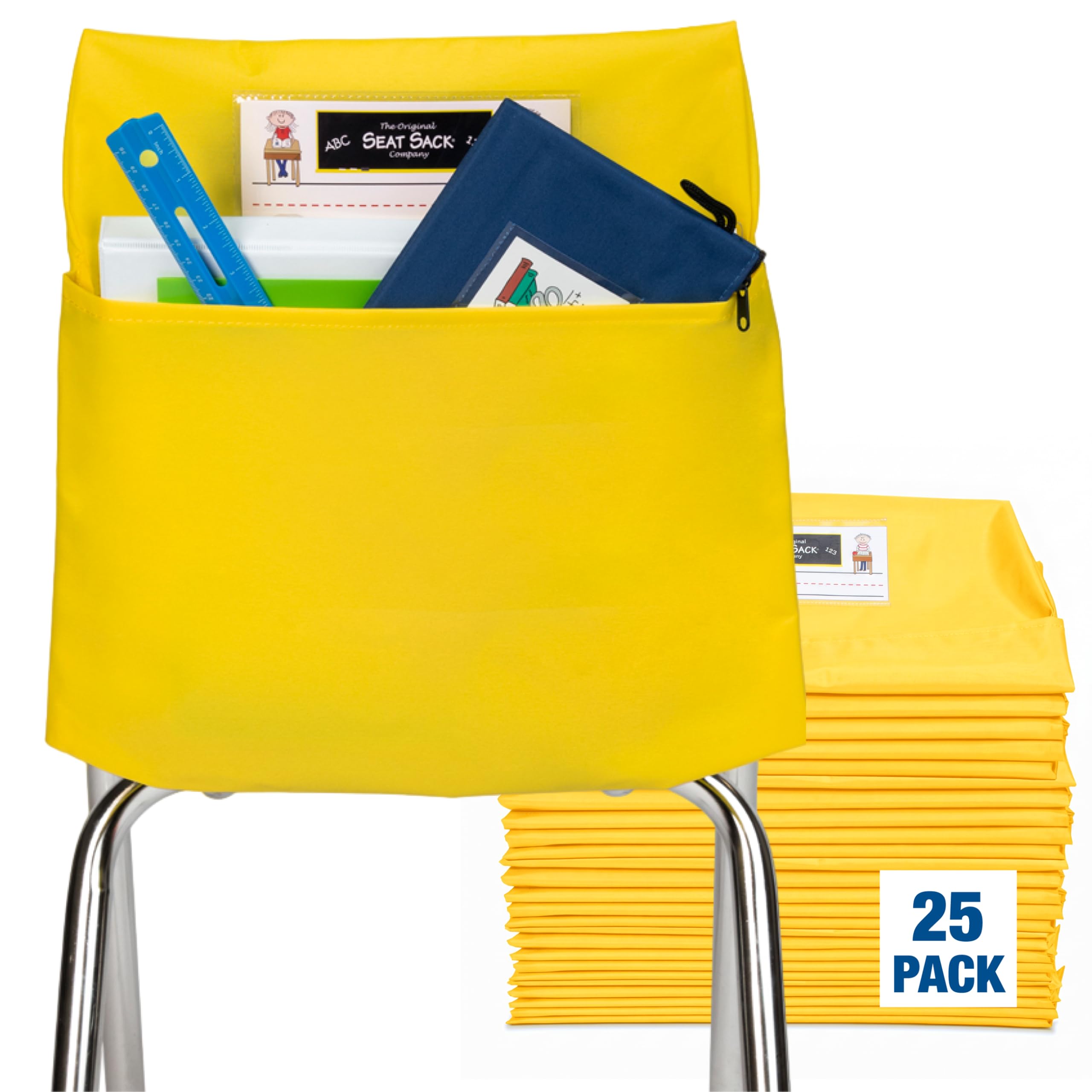 Seat Sack Student Chair Storage Pocket - 12", Single Pocket, Classroom Chair Organizer for Student Desks, Durable Over-the-Chair Storage, Yellow, 25-Pack