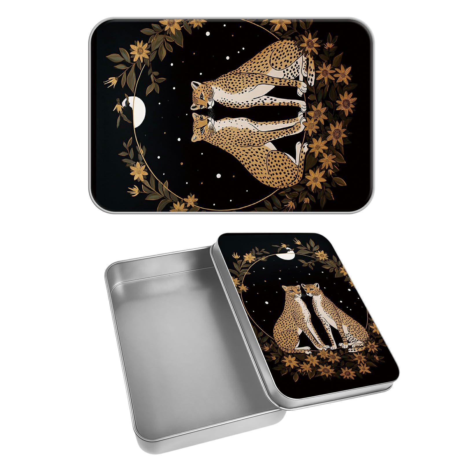 Rectangular Metal Tin Box with Removable Lid, Moon Cheetah Cat Decorative Printed Metal Storage Container for Cash Ticket Credit Card Check 3.46 x 2.36 x 0.7 inch– Single Pack