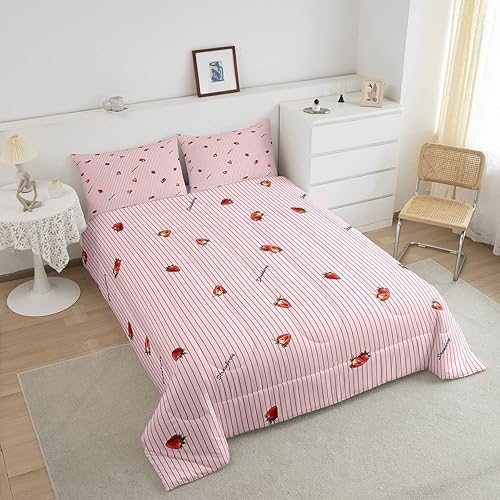 Miniatura 3 de Erosebridal Juego de ropa de cama de fresa para niñas, juego de edredón de frutas kawaii, tamaño Queen, lindo edredón de plumón de fresa de dibujos