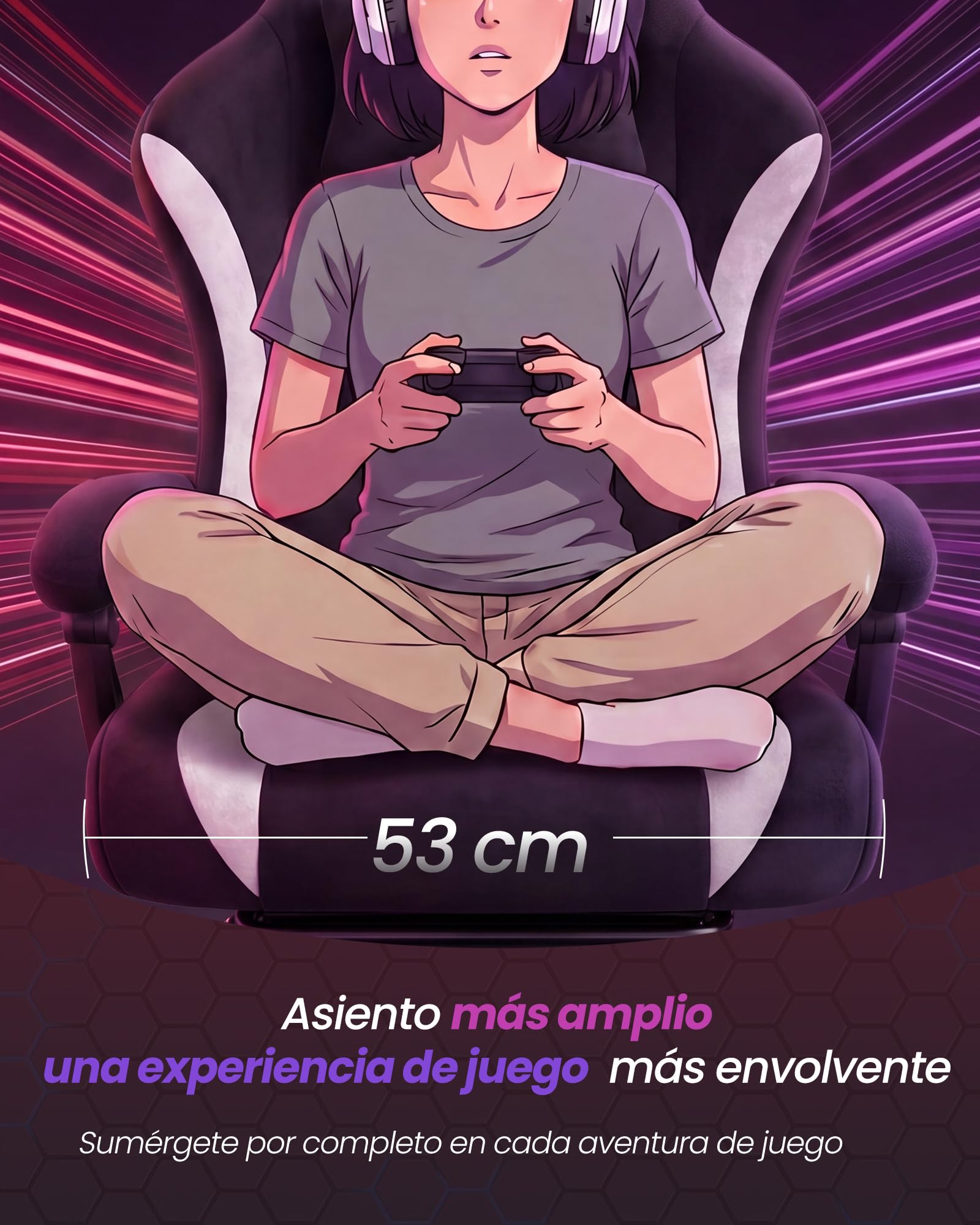 SONGMICS Silla Gaming, Silla de Escritorio Ergonómica de Poliéster, Reclinable 135° con Reposapiés, Soporte Lumbar, 70 x 70 x 120-130 cm, Negro y Blanco, Colección Cathy OBG092BH01