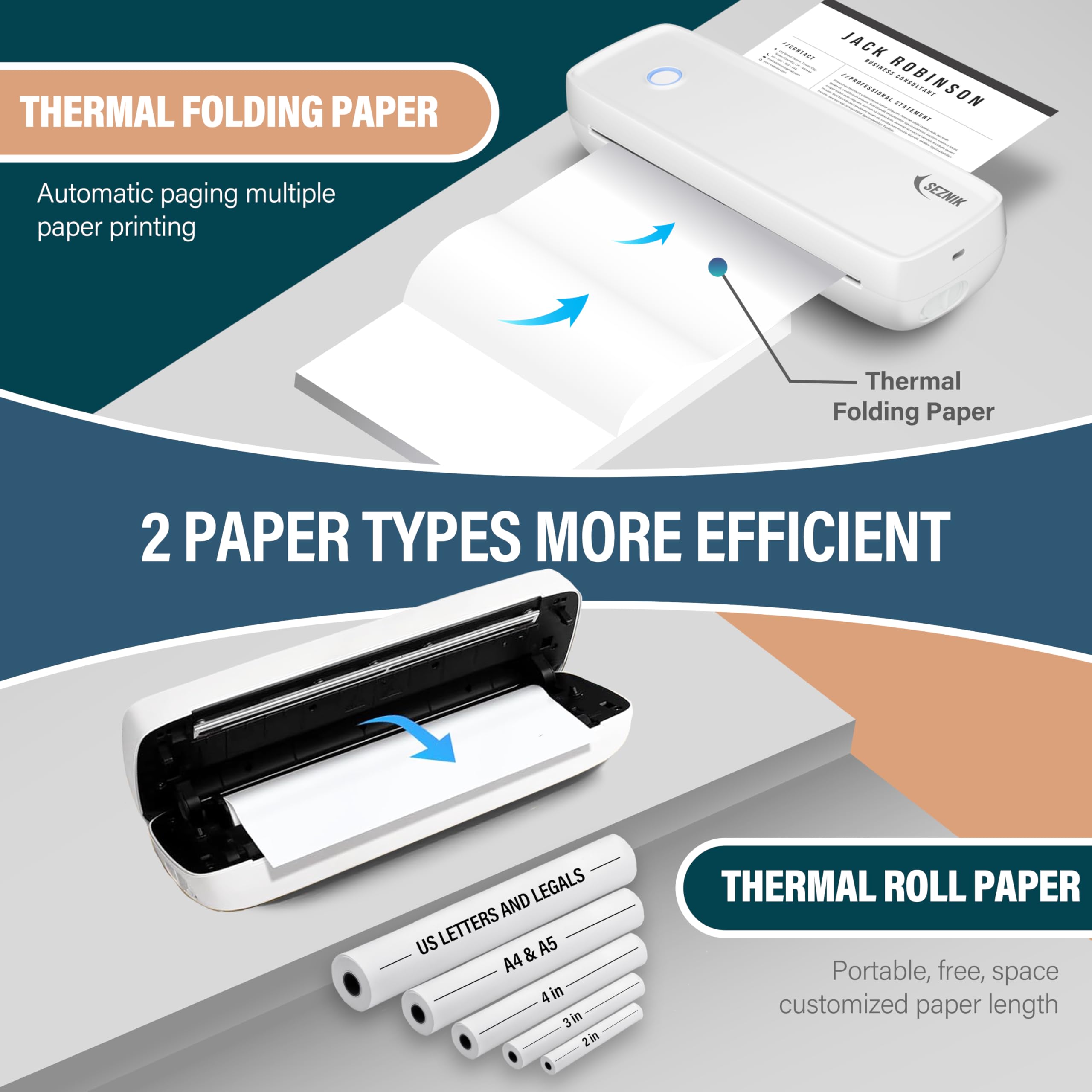 SEZNIK Portable Inkless A4 Thermal Printer | Portable Mini Printer | USB, Bluetooth Printer Android iOS | 1 Year Warranty (ProHD-304dpi-White) 3