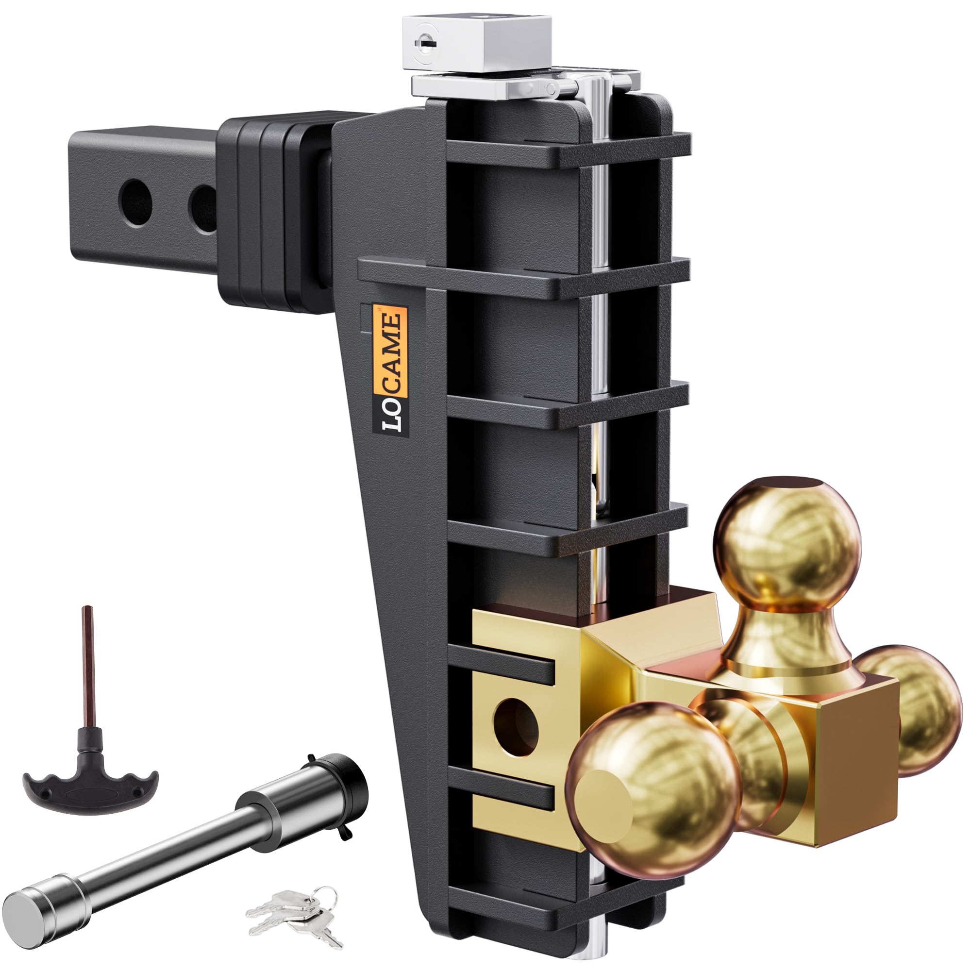 LOCAME Adjustable Trailer Hitch, Tri-Ball(1-7/8'', 2'', 2-5/16''), Fits 2 Inch Receiver, 8 Inch Drop Hitch, 17000 LBS GTW, Heavy Duty Trailer Hitch for Truck, Gold, LC0081