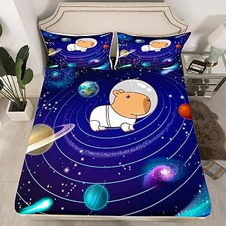 Erosebridal Cute Capybara Bed Sheets for Boys Girls Blue Universe Outer Space Themed Fitted Sheet Lovely Cartoon Funny Capybara Bed Set Galaxy Starry Sky Bedding Set Kawaii Capybara Bedding Twin