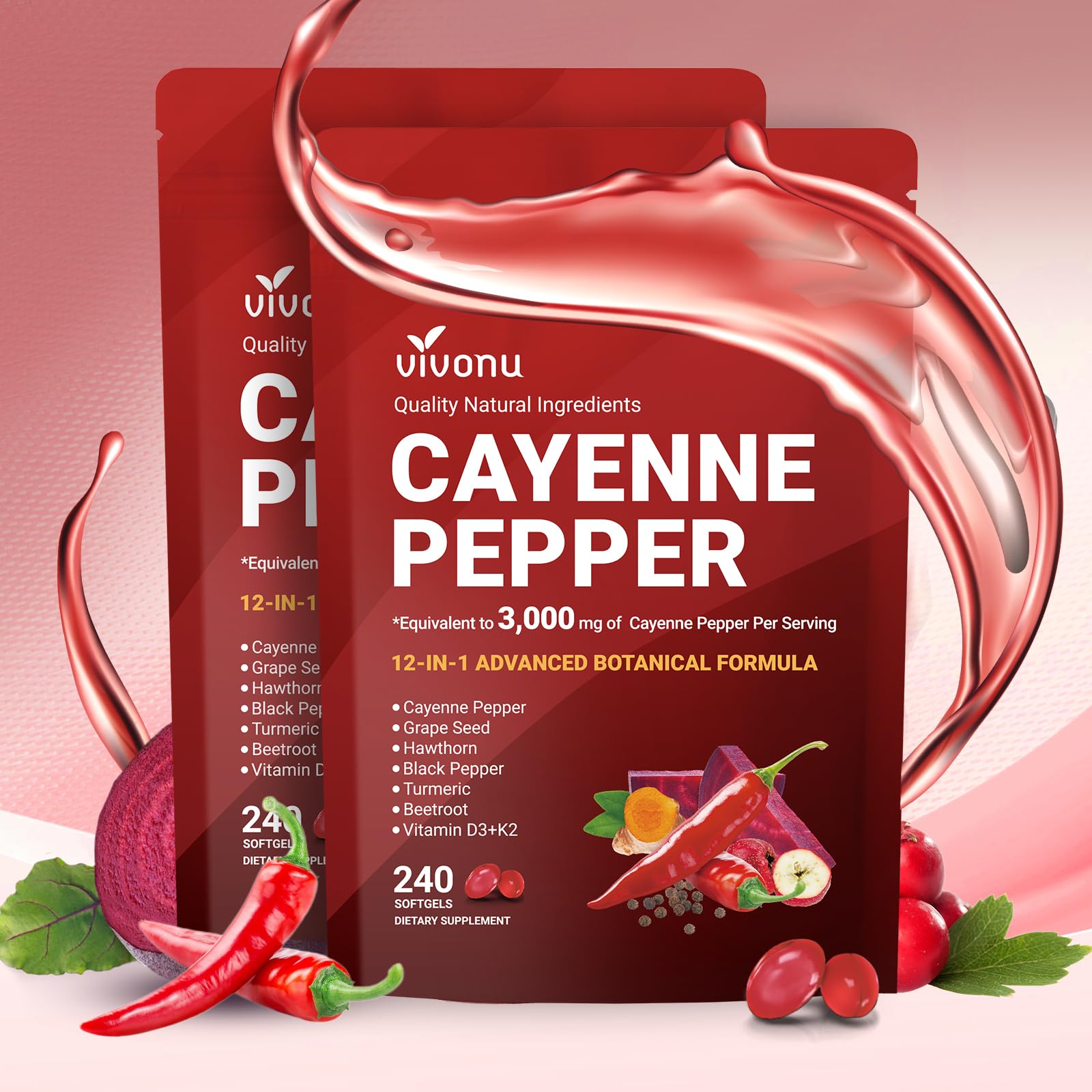 Cayenne Pepper Softgels Supplement, Supports Leg Vein, Heart and Blood Vessel Health, with Vitamin E D3+K2 and Extracts of Grape Seed, Hawthorn, Beetroot, Berberine and Others (480 Softgels/2 Bag)