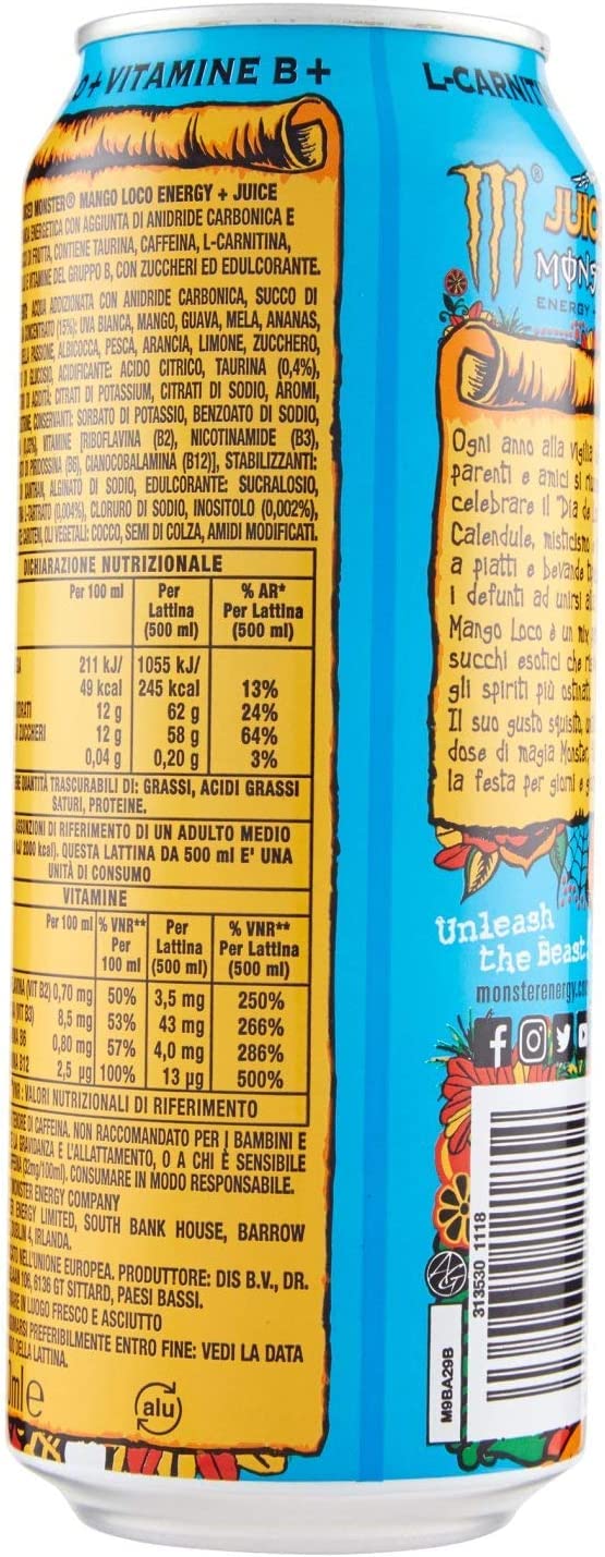 24 x Monster Energy Juiced Mango Loco Bebidas energéticas Mezcla de zumos exóticos 500 ml Bebidas sin alcohol Refresco Bebida deportiva