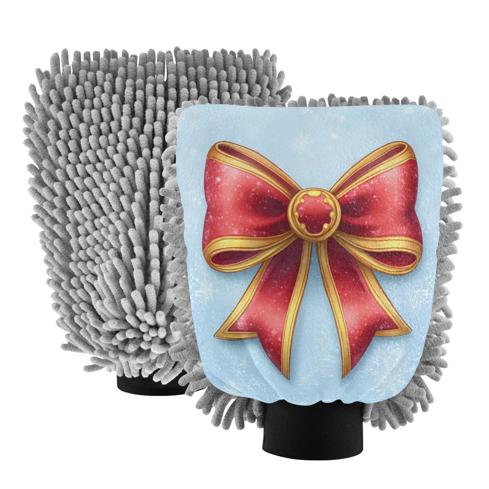 STAYTOP Red Bow with A Golden Outline Car Wash Mitt Microfiber, 2Pcs Scratch Free Lint-Free, Premium Chenille Microfiber Mitt Car Wash Brush-M