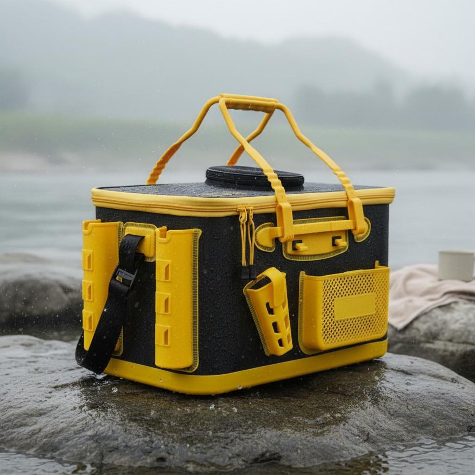predolo Seau à Vifs en EVA Multifonction Seau de Pêche Pliable Bandoulière Confortable pour Pêcheurs, 45CM