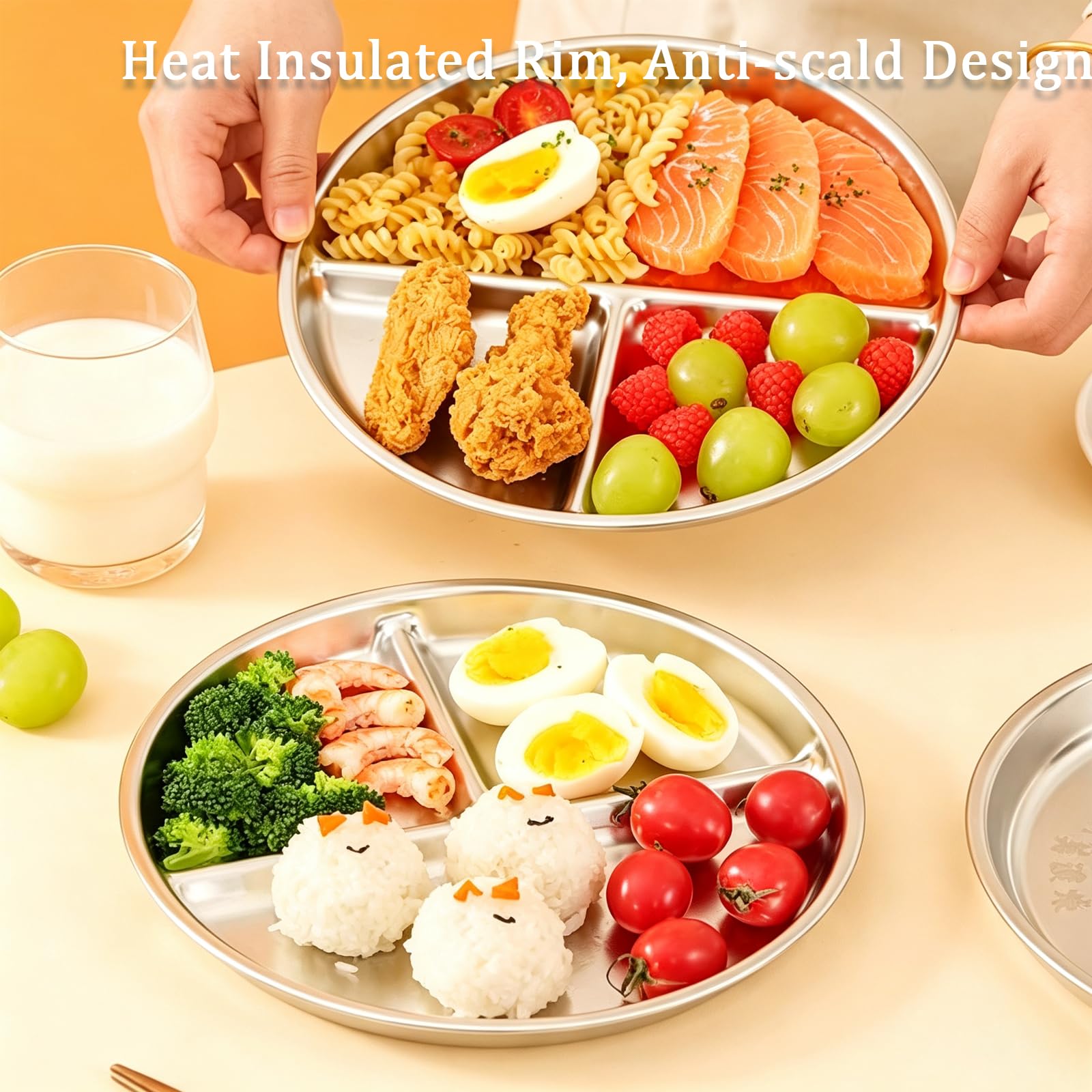 JAWAI 4 Pièce Assiette Inox, Assiettes Divisées en Acier Inoxydable 23 cm | Inox, 4 Pièces, Compartimentées, 23 cm