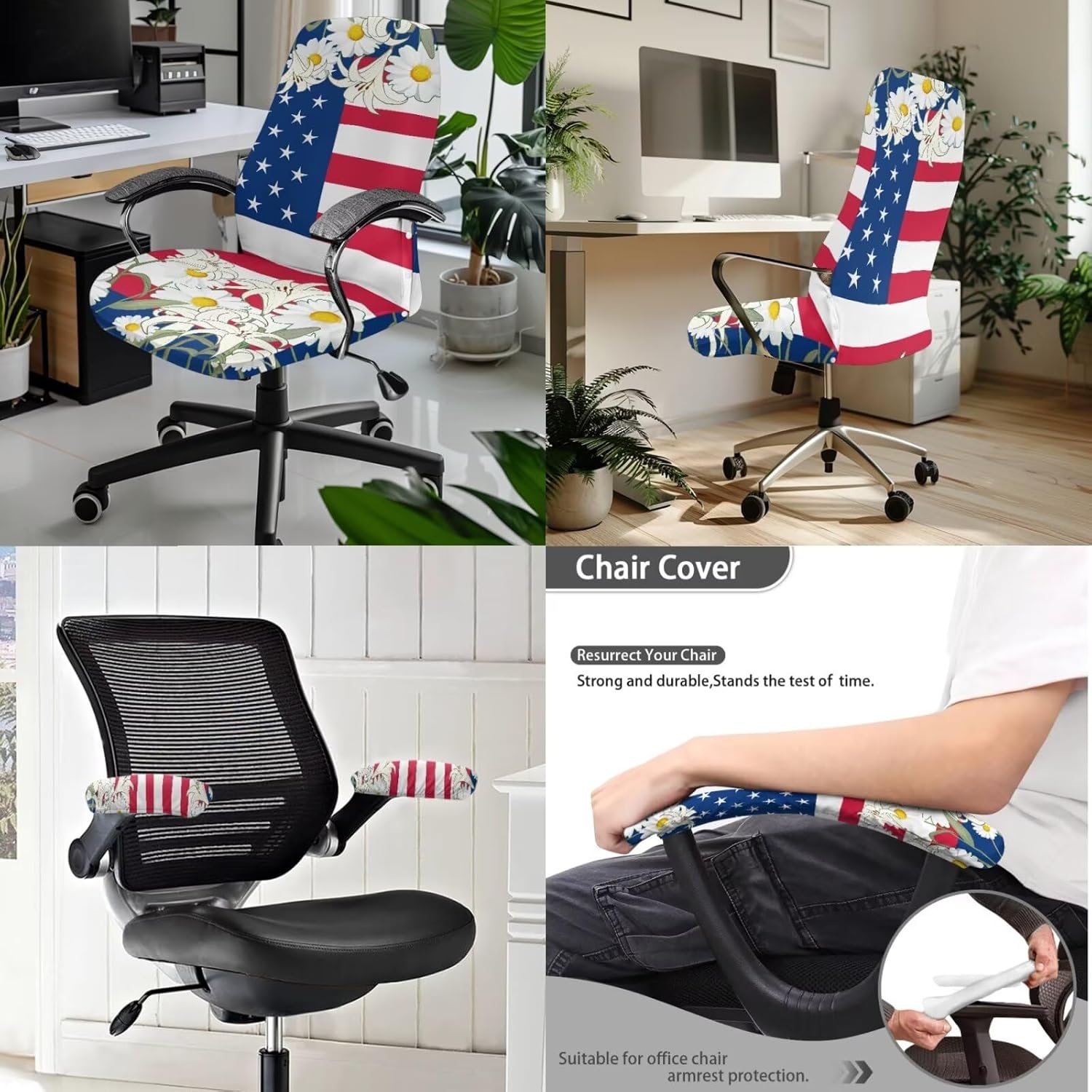Office Chair Cover with Armrest Protector 3 Pieces Set Stretch Washable High Back Chair Slipcover Anti-dust Boss Chair Slipcover, American Flag Lily Daisy Floral, S