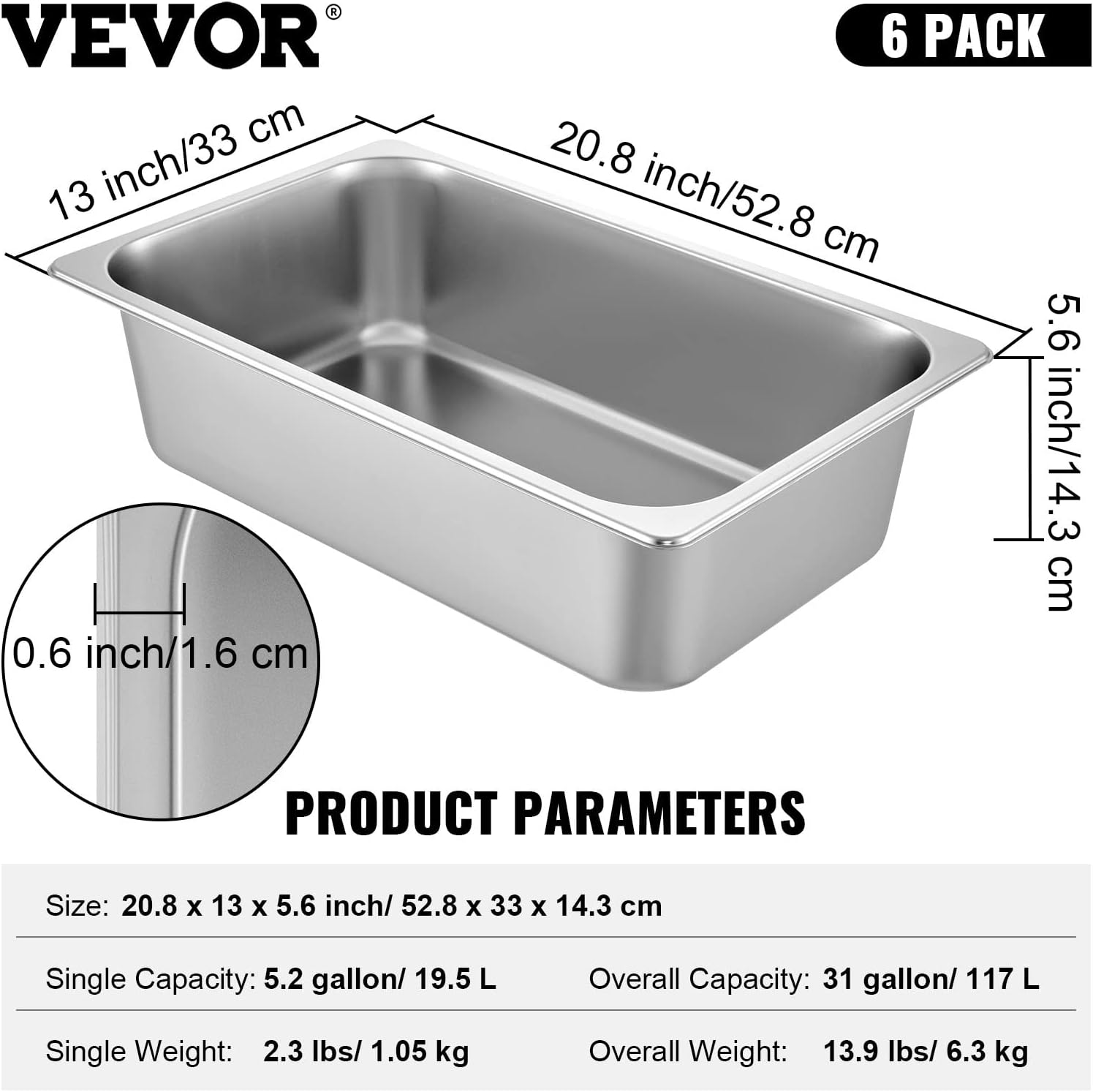 VEVOR 6 Pack Hotel Pans, Full Size 6-Inch, Stainless Steel Steam Table Pans,Anti-Jam Catering Trays for Steam Tables, for Home, Party, Restaurant, Hotel, Buffet - Image 7