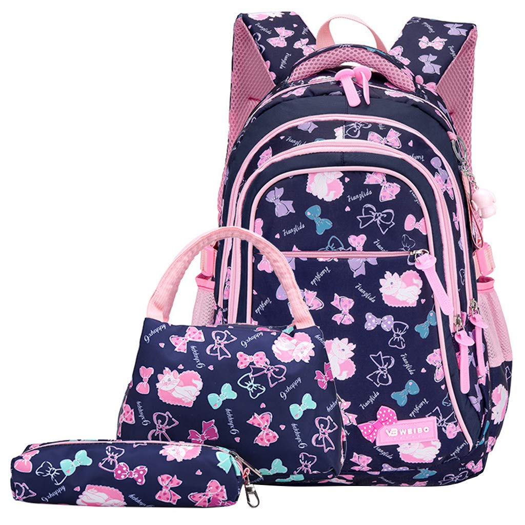Mochila para niños 3pcs Pink Girls School Bag Nylon a Prueba de Agua con Bolsa de Almuerzo Estuche de lápices para Mochila Childern, Bowknot Print 6-13 años niños Adolescentes y Estudiantes.