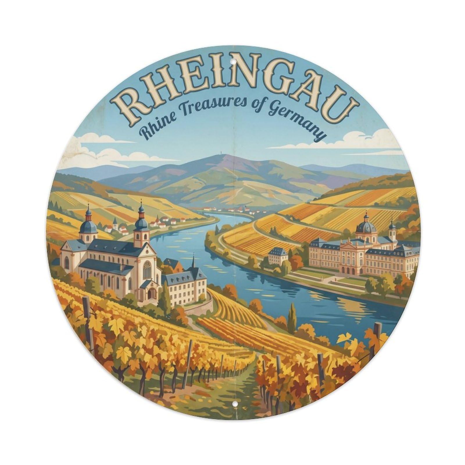 Vintage Travel Rheingau Vineyards Germany Metal Tin Sign Plaque Wall Decor for Cafe, Club Bar, Office, Home Garden Round Metal Poster 8x8Inch