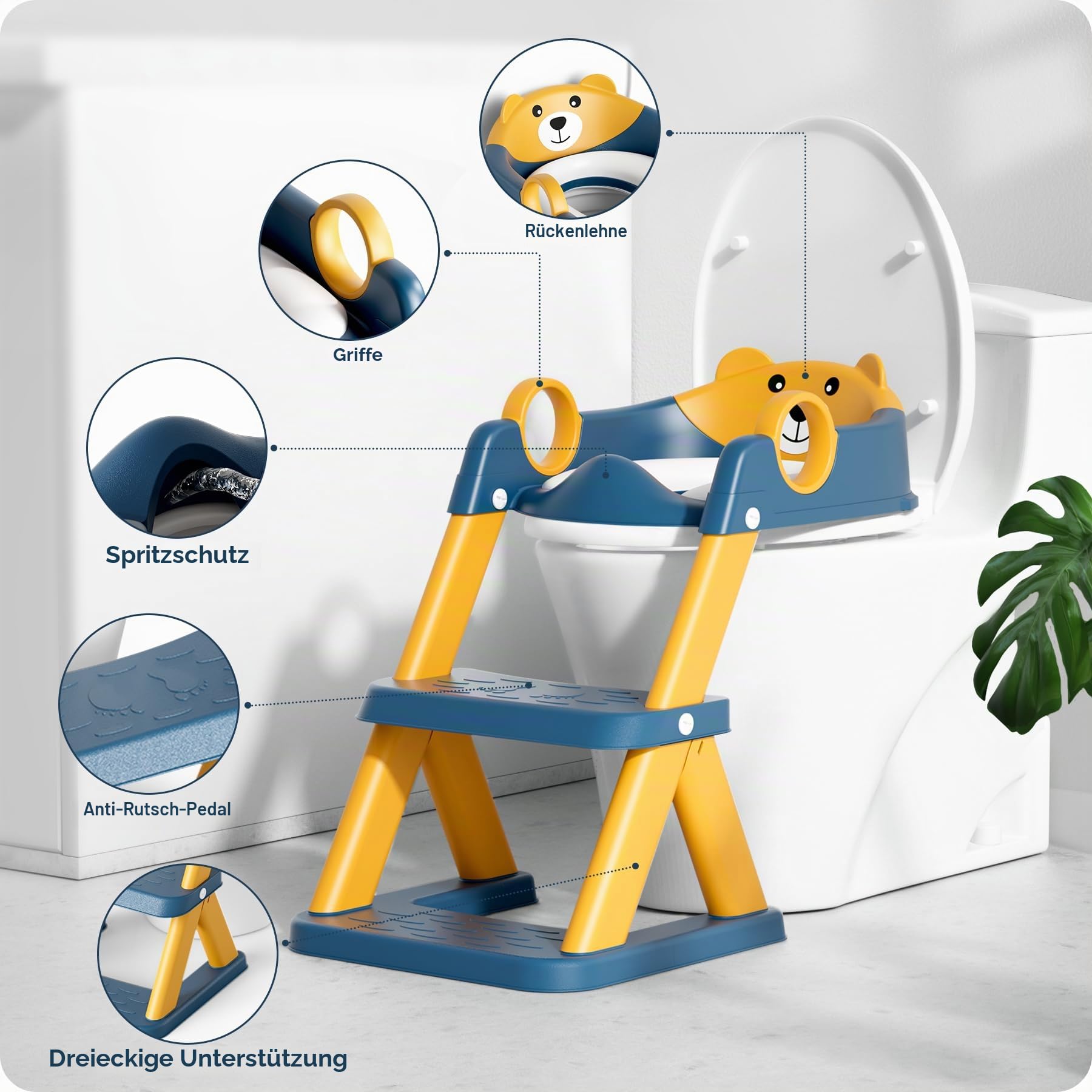 Toilettenleiter für Kinder, Upgraded Kindertoilette für Jungen und Mädchen, 2 in 1 Kind Toilettensitz mit Treppe, Spritz und Rutschfestes Trittbrett